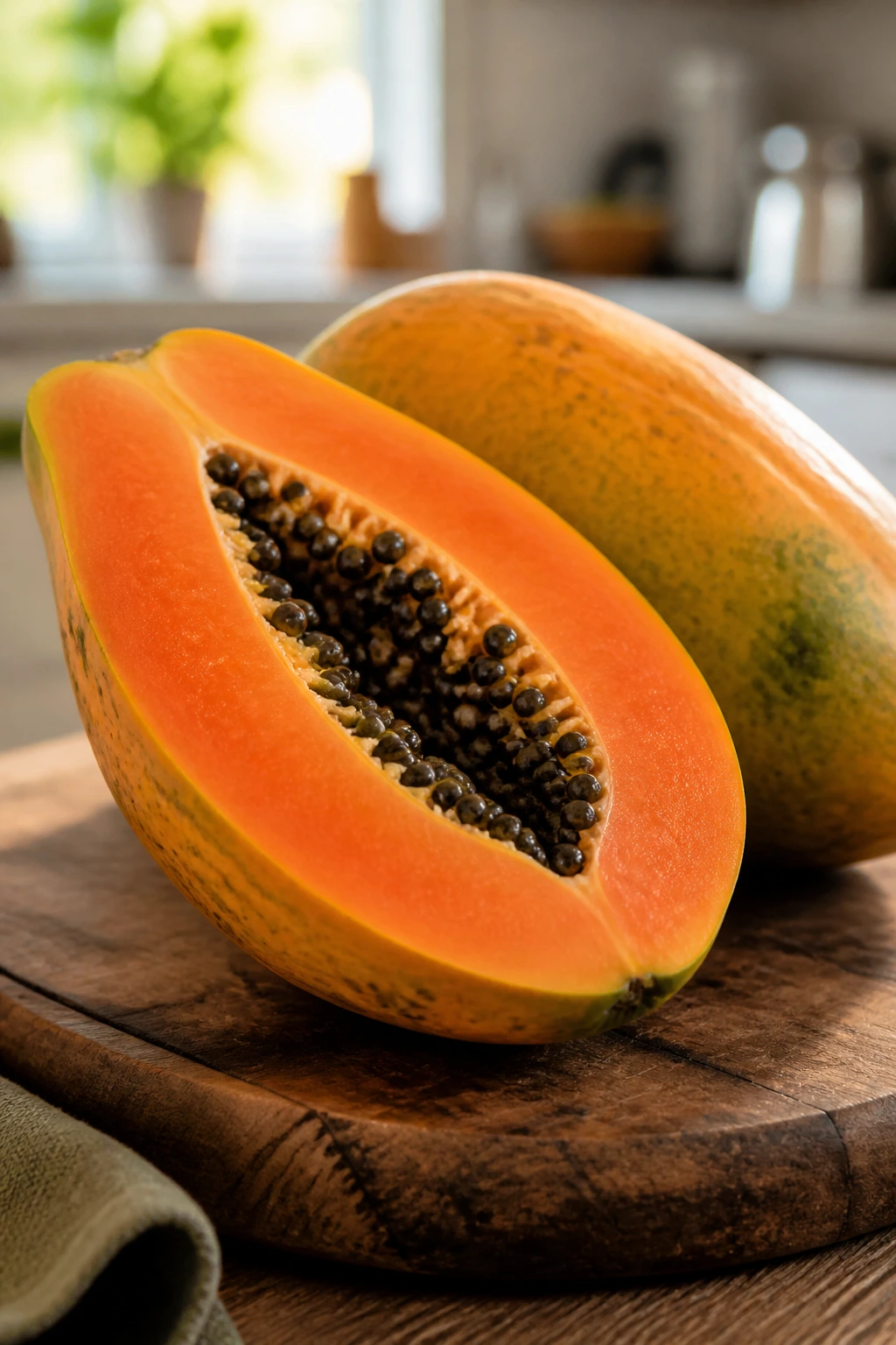 Nature's Digestive Aid: Is Papaya Good For Constipation? 2 Close-up of a ripe papaya on a wooden board