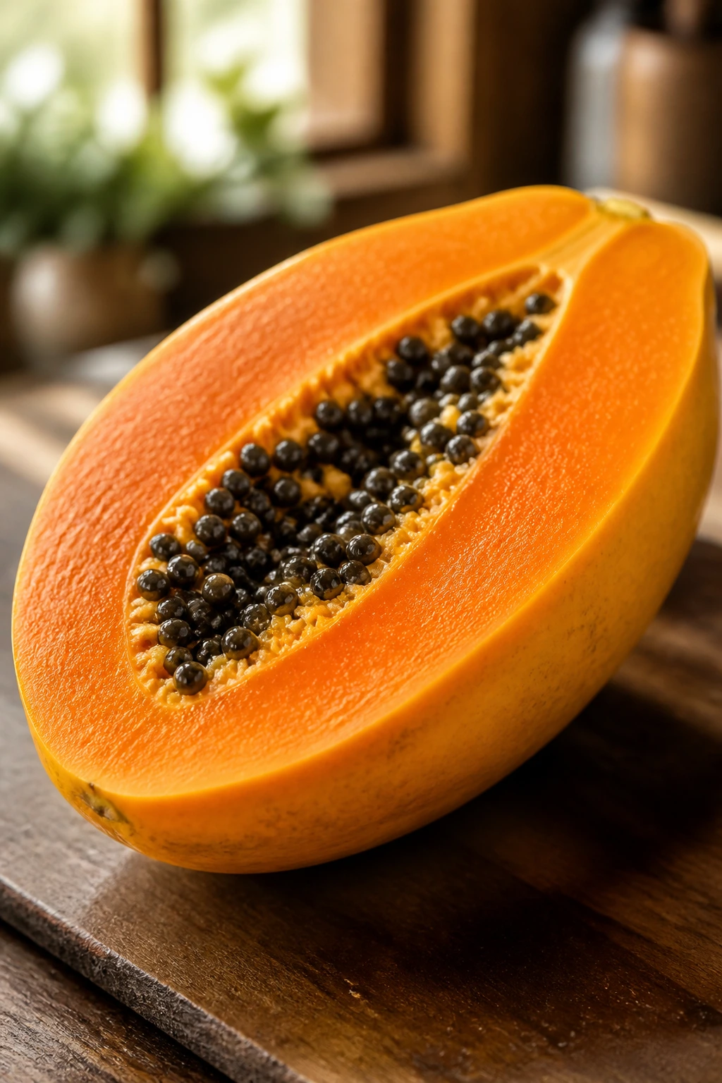 Close-up of a single ripe papaya on a wooden kitchen counter, showing orange skin and flesh.