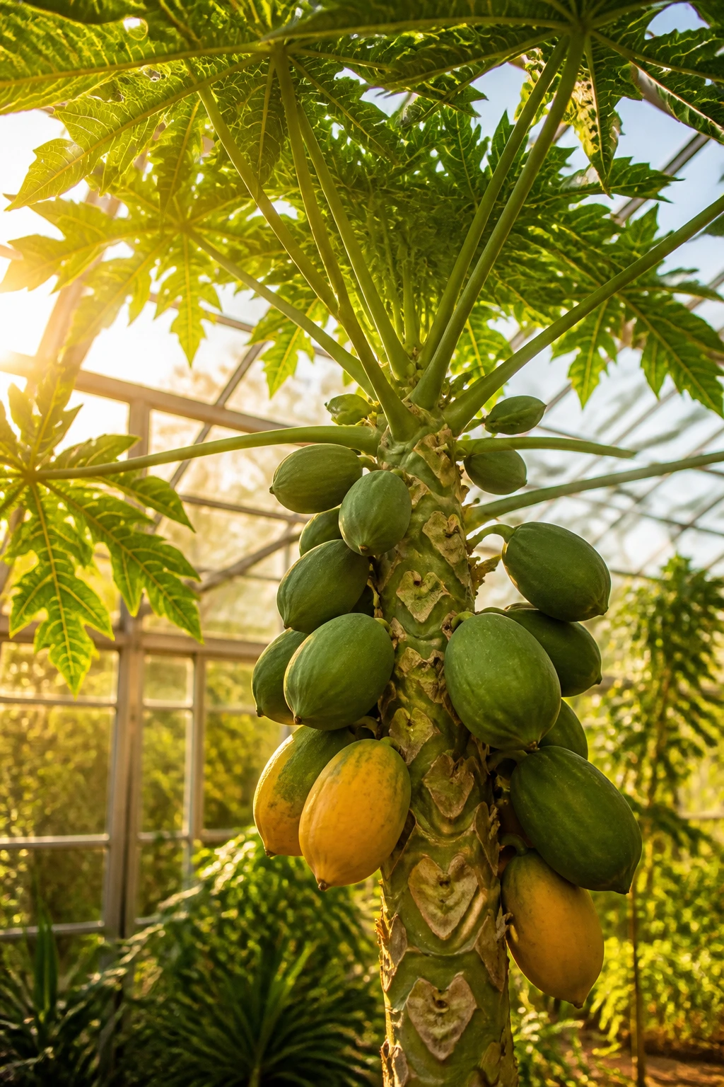 Papaya plant thriving in greenhouse with sunlit leaves, environment influences gender