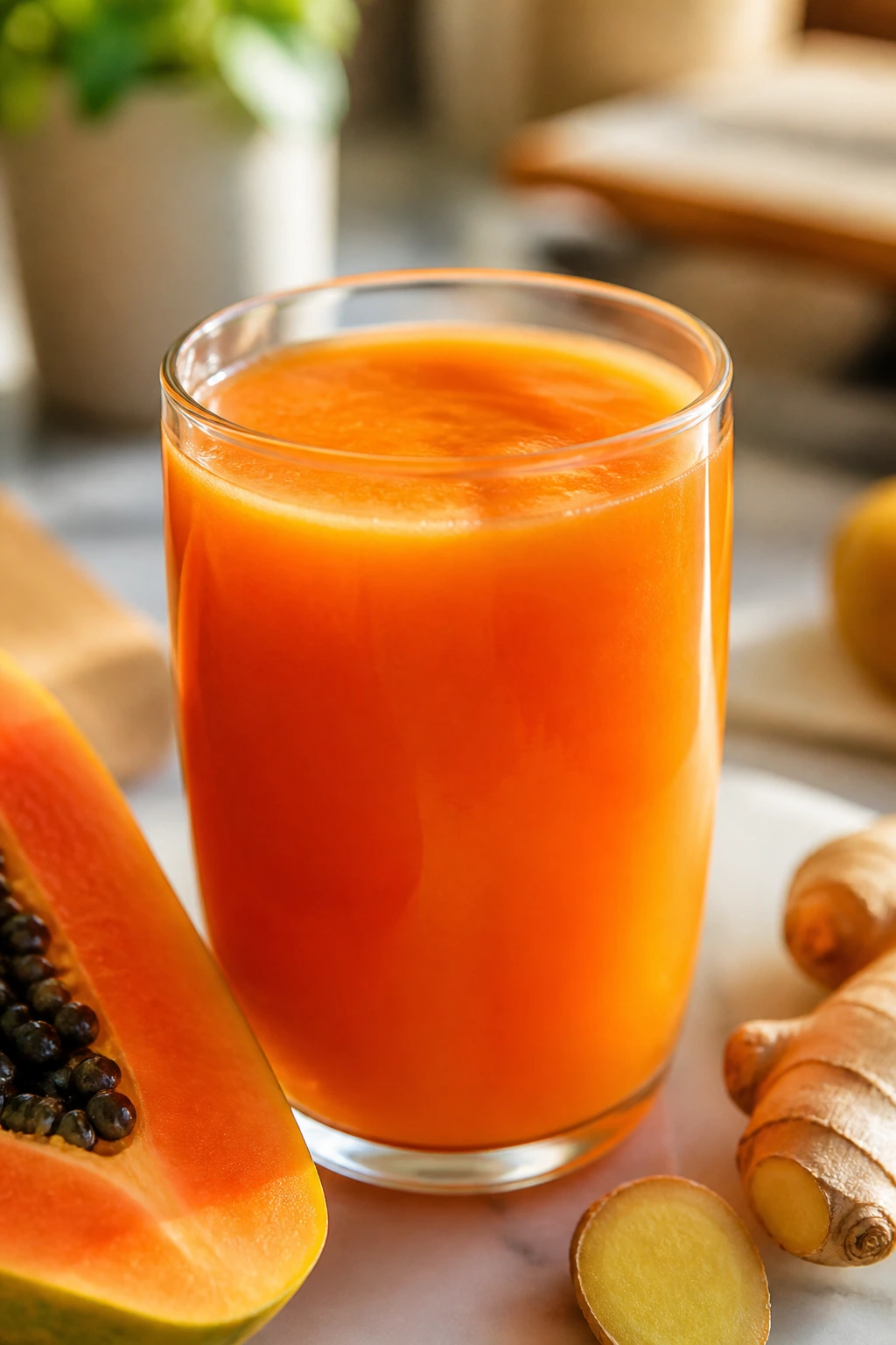 Close-up of orange papaya ginger juice glass on sunny counter