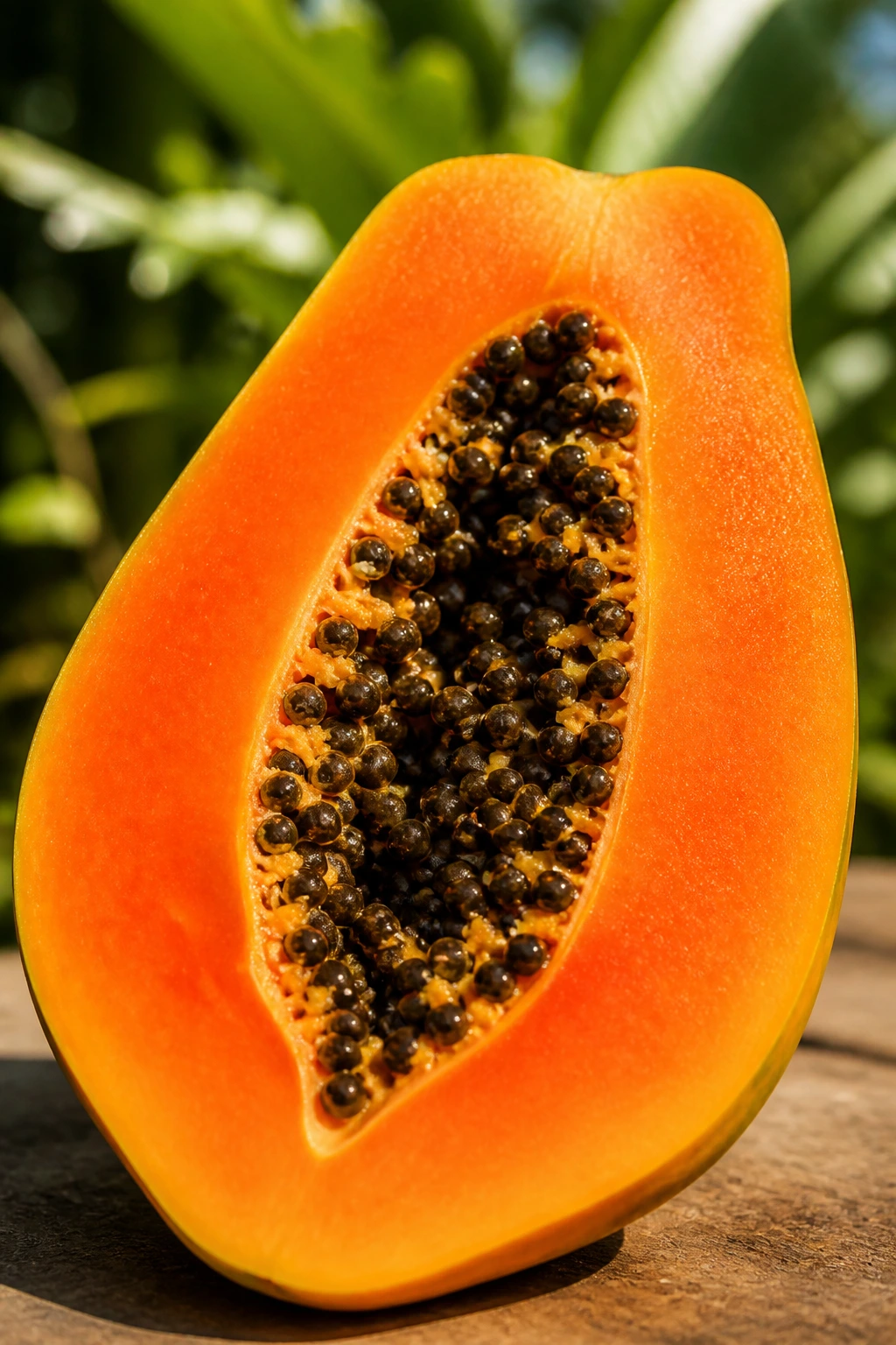 Halved papaya exposing orange flesh and seeds