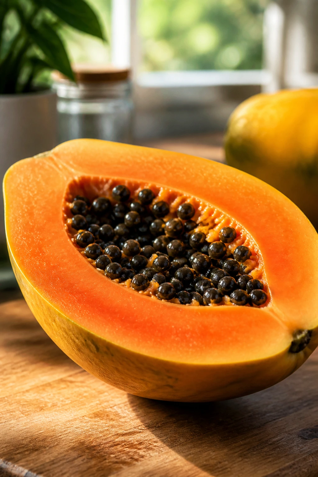 Close-up of halved papaya showing bright orange flesh and seeds on a wooden cutting board