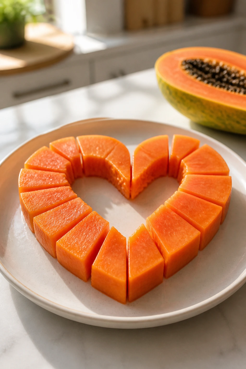 Papaya slices arranged in a heart shape on plate