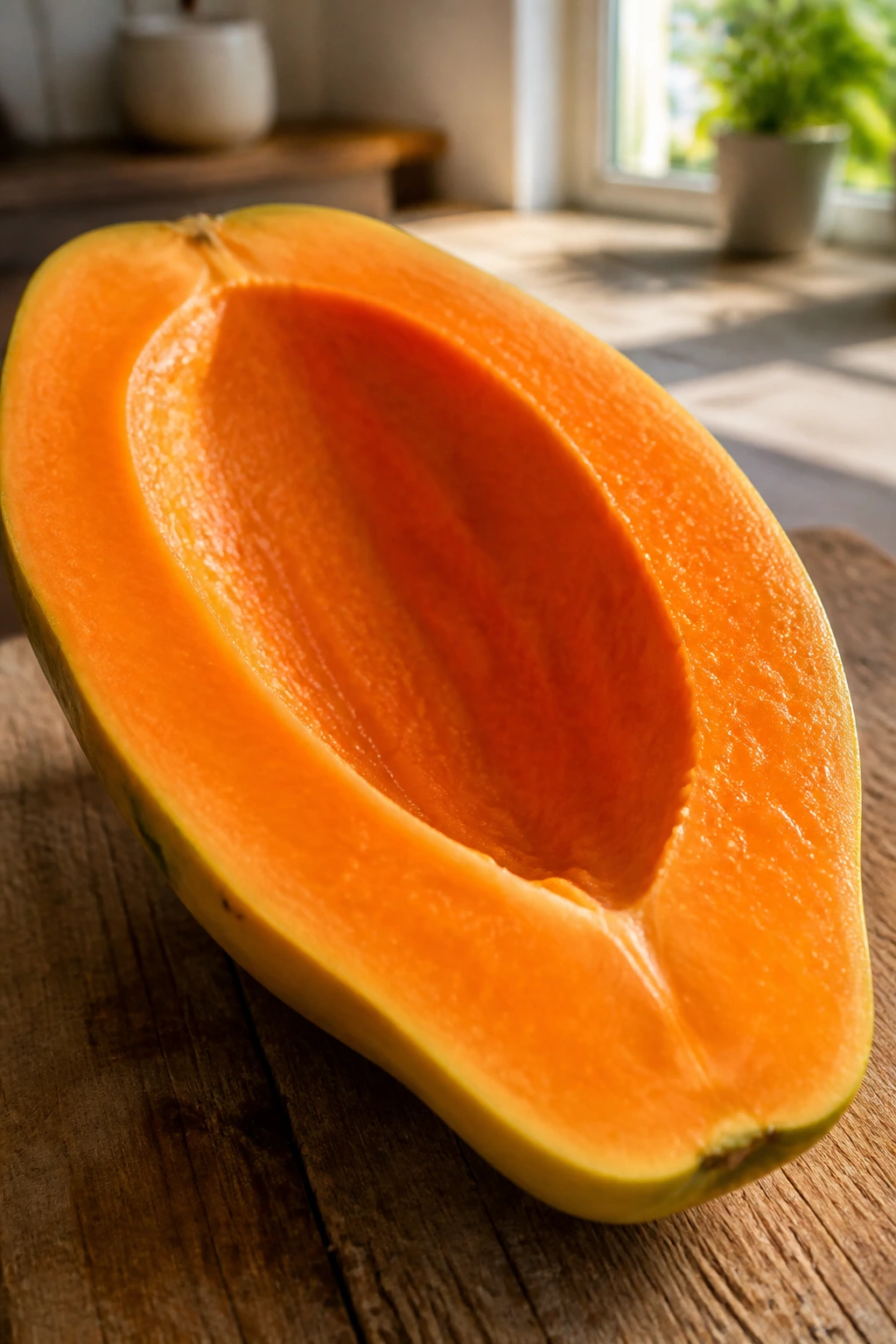 Close-up of a ripe papaya half with orange flesh on a wooden kitchen counter