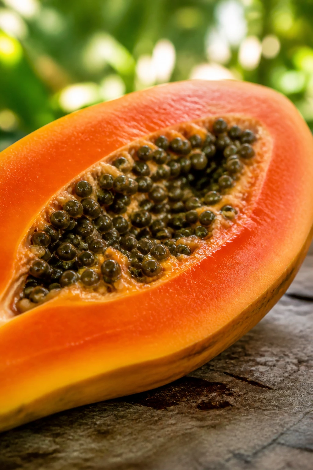 Papaya half with orange flesh and seeds on a rustic countertop