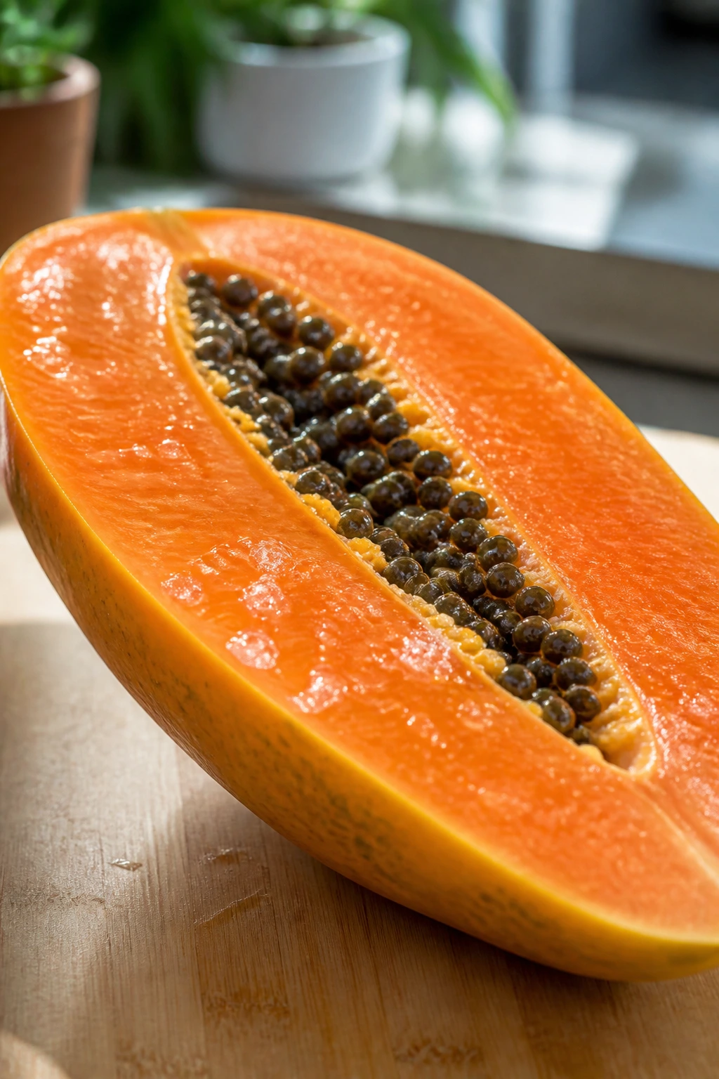 Papaya's Delight: How To Make Papaya Taste Good & Juicier 4 Sliced papaya half with beads of juice on the flesh