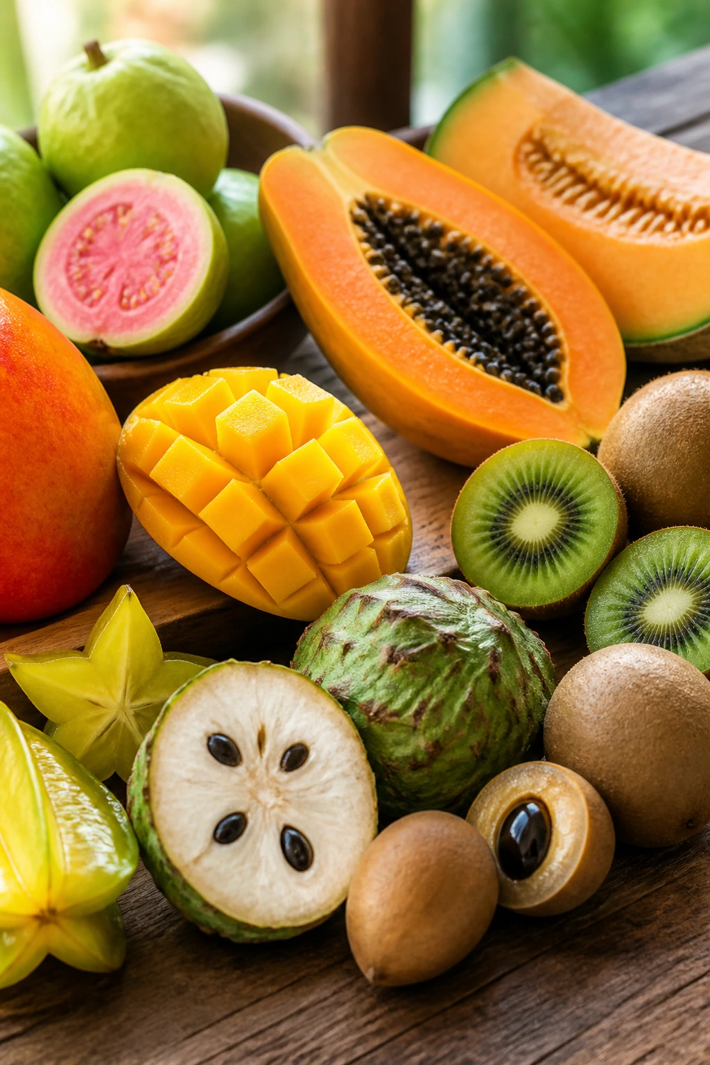 10 Fruits Similar To Papaya - That Look Or Taste Similar 19 Close-up of papaya-like fruits such as mangoes, guavas, and kiwis on a wooden surface in warm light