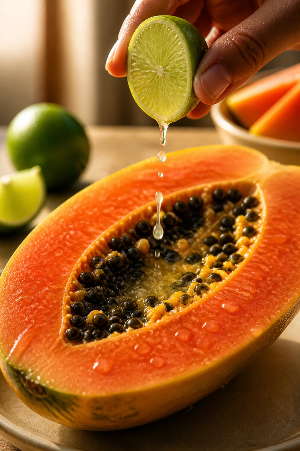 Papaya's Delight: How To Make Papaya Taste Good & Juicier 3 Ripe papaya half with lime juice droplets on flesh