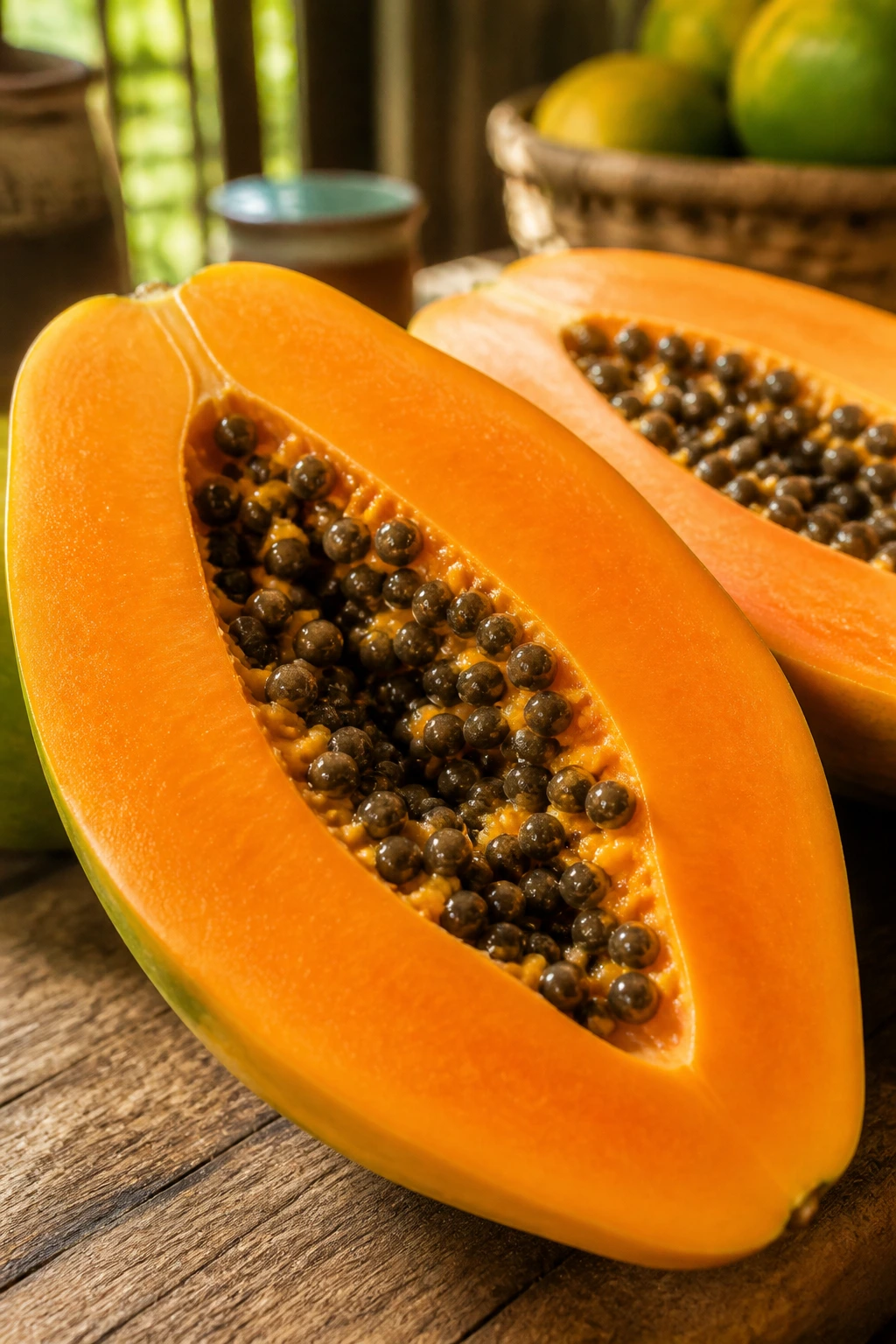 Close-up of halved papaya with bright orange flesh, Malaysia's national fruit