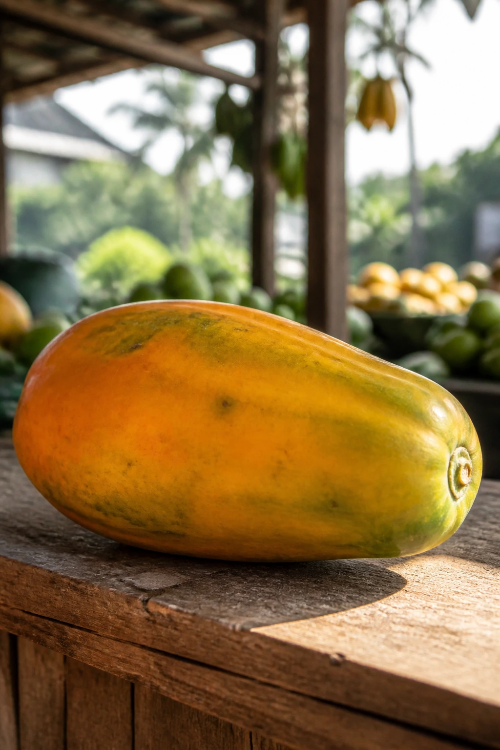 Papaya on market stall in Malaysia, tropical market setting