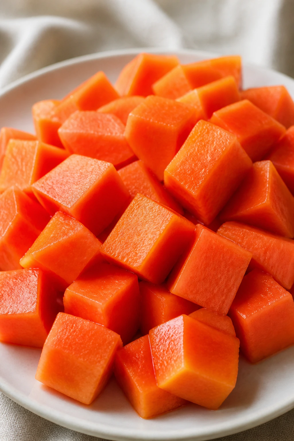 Close-up of papaya cubes on a plate