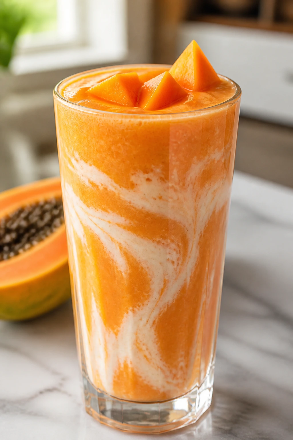 Papaya With Milk Benefits For Skin, Hair, & Health 3 Papaya milk smoothie in a glass with visible milk swirl