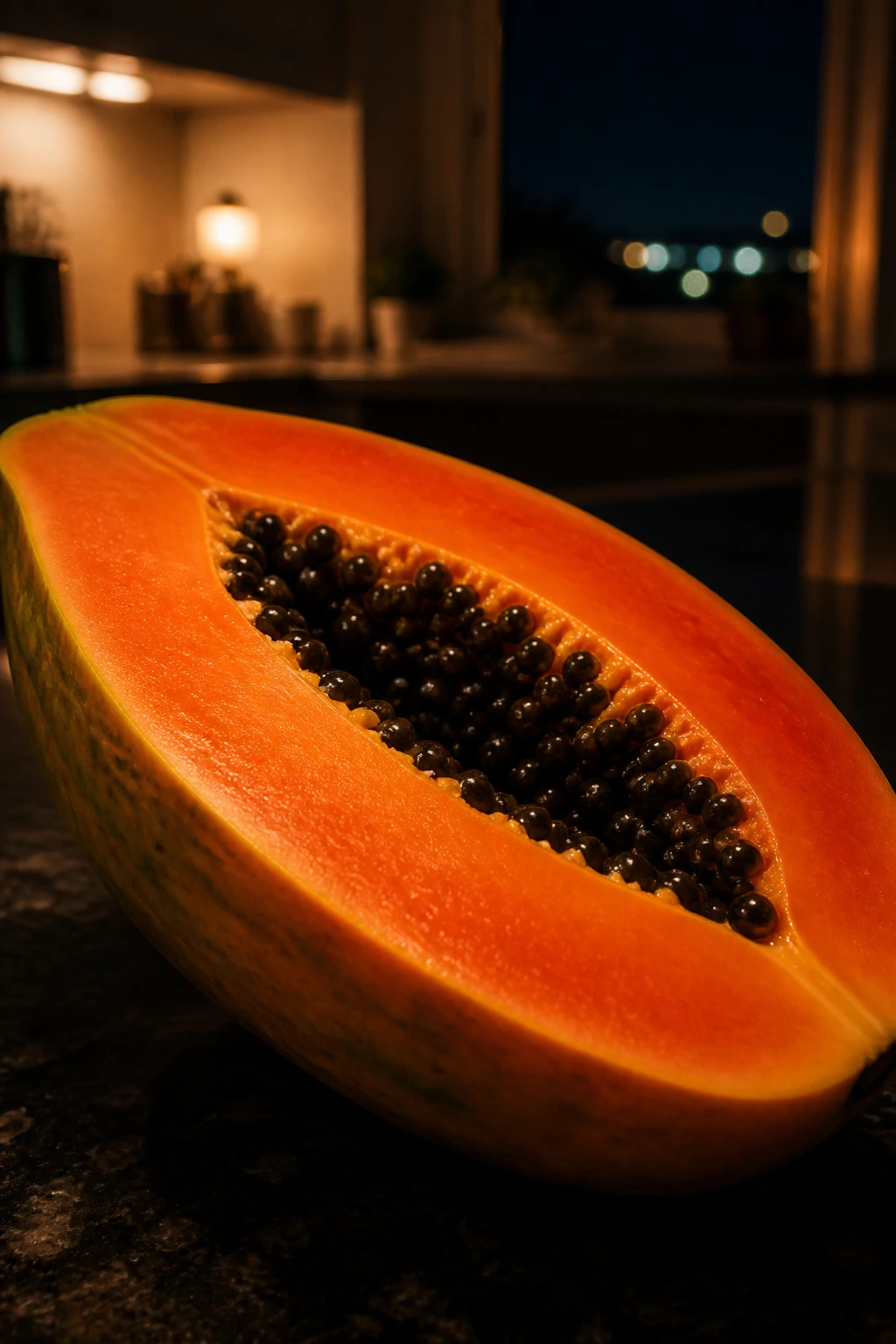 Single ripe papaya half on a dark kitchen counter at night