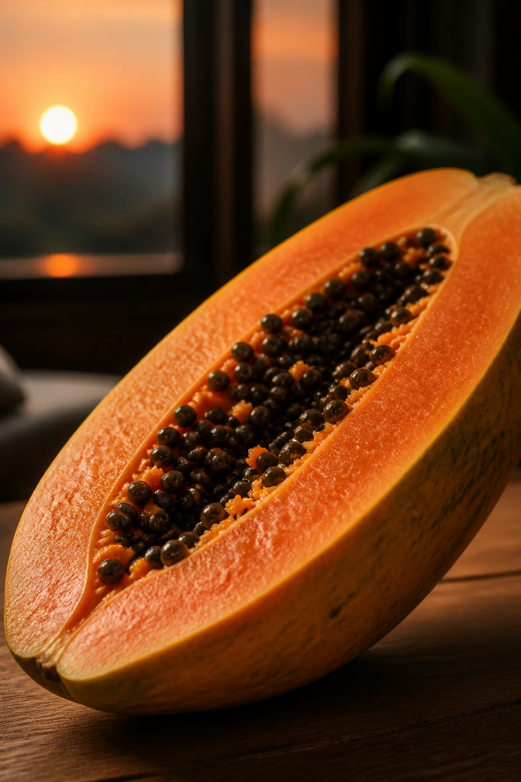 Halved papaya with bright flesh on a wooden table at dusk