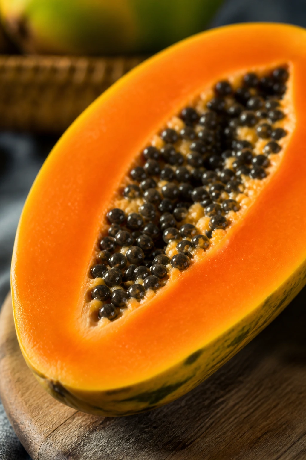 Close-up of a ripe papaya cut open showing orange flesh and seeds on a wooden kitchen counter