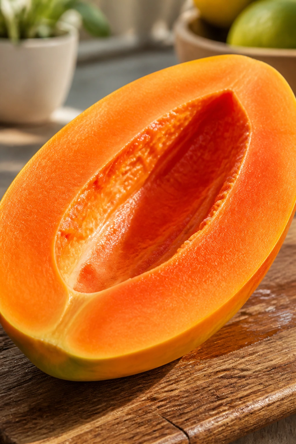 Close-up of a ripe papaya half with bright orange flesh, highlighting its nutritional value.