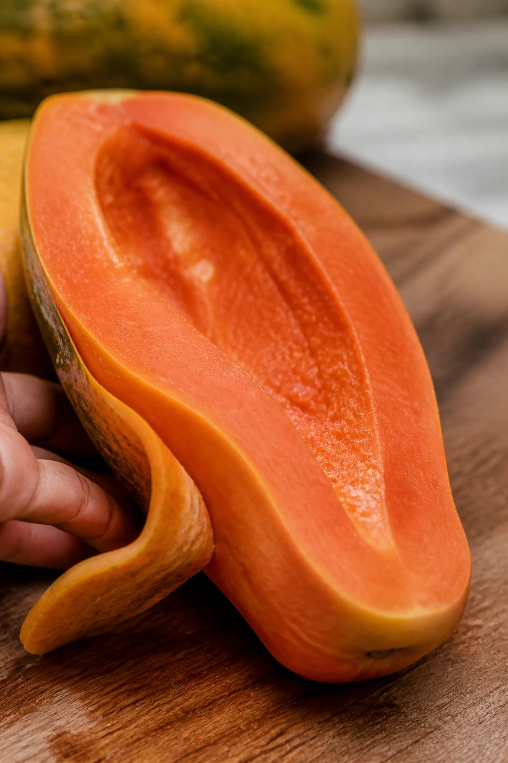 Peeled papaya half exposing vibrant flesh filling the frame