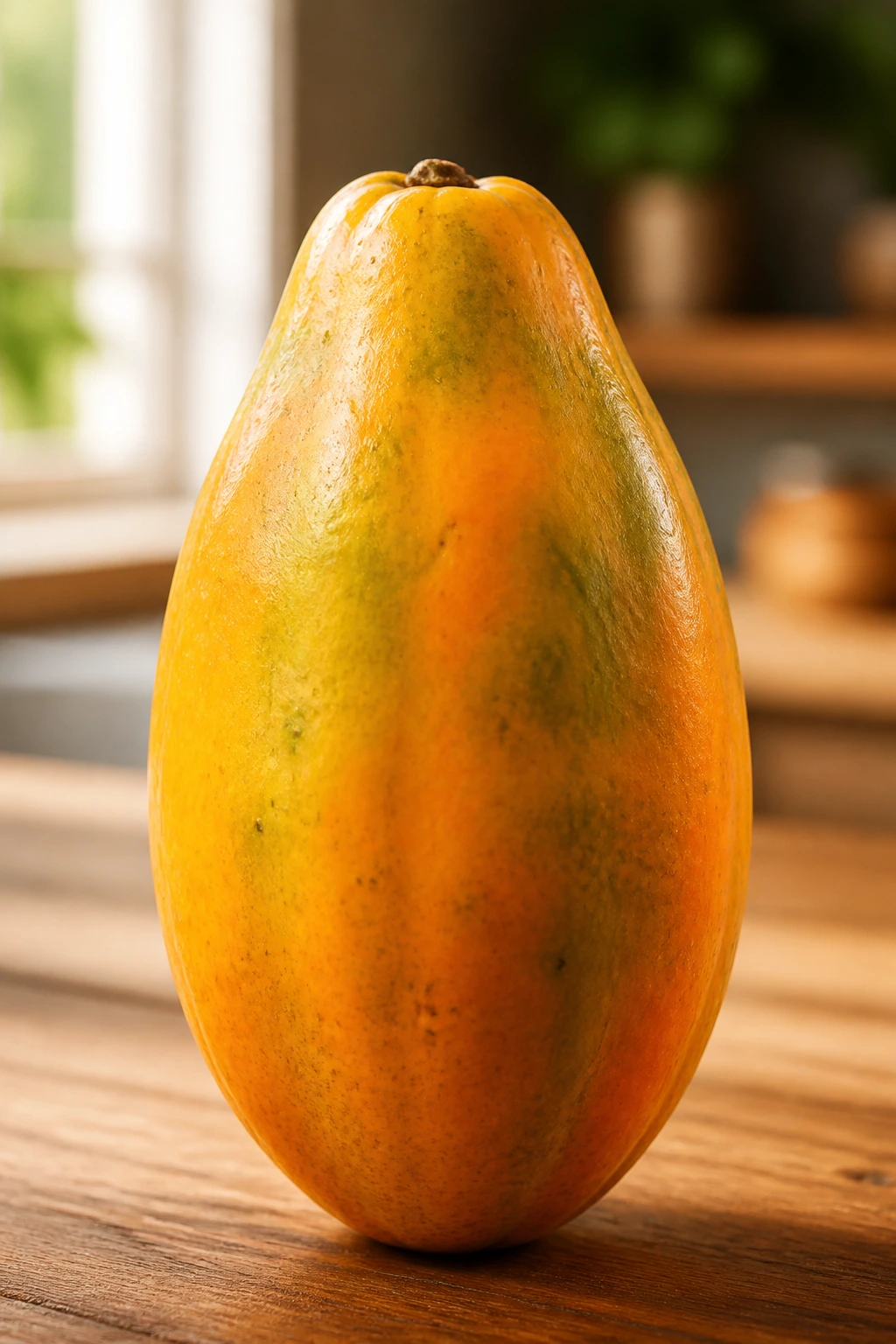 Whole ripe papaya on wooden surface in sunlight