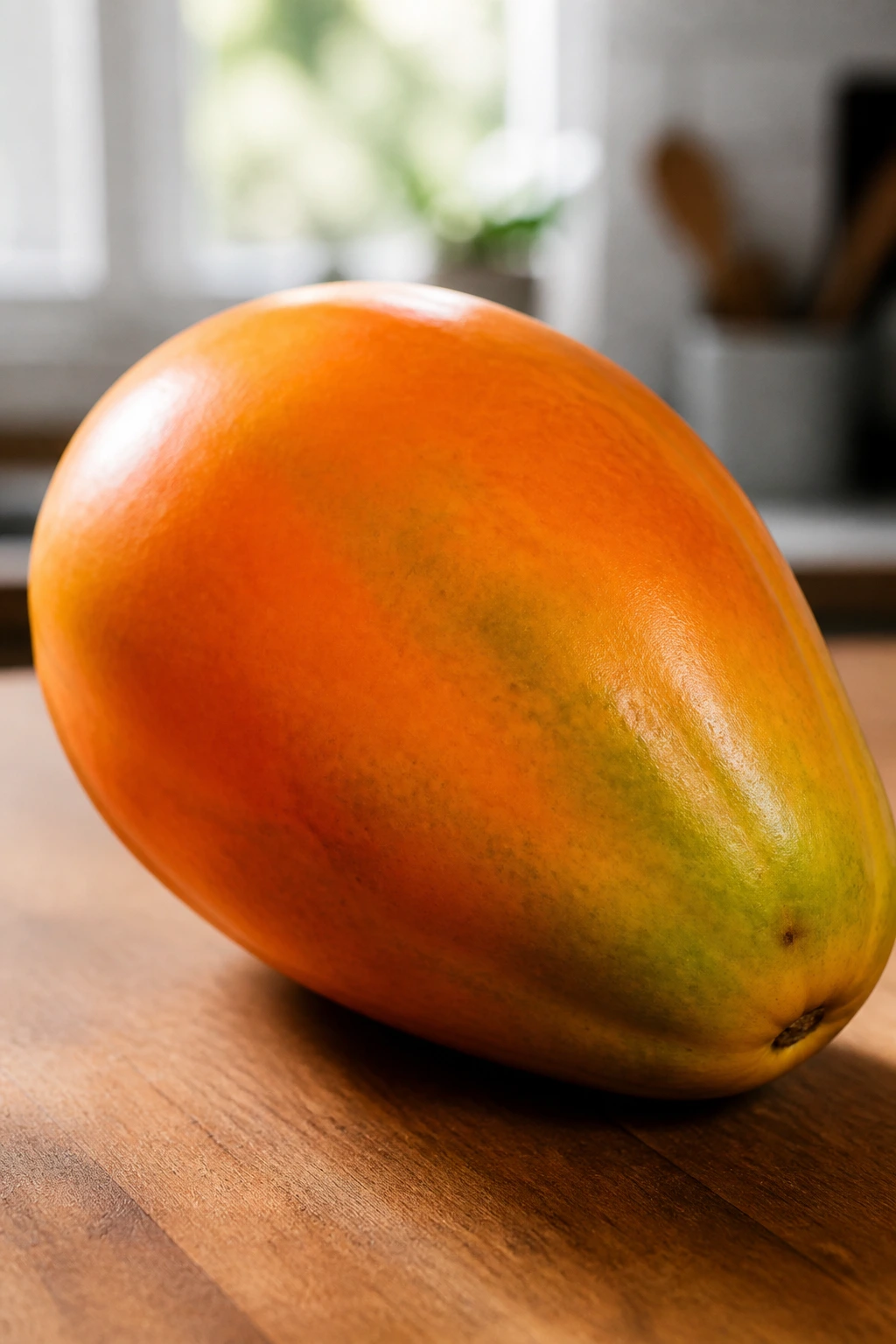 Close-up of a ripe papaya filling the frame on a wooden kitchen counter