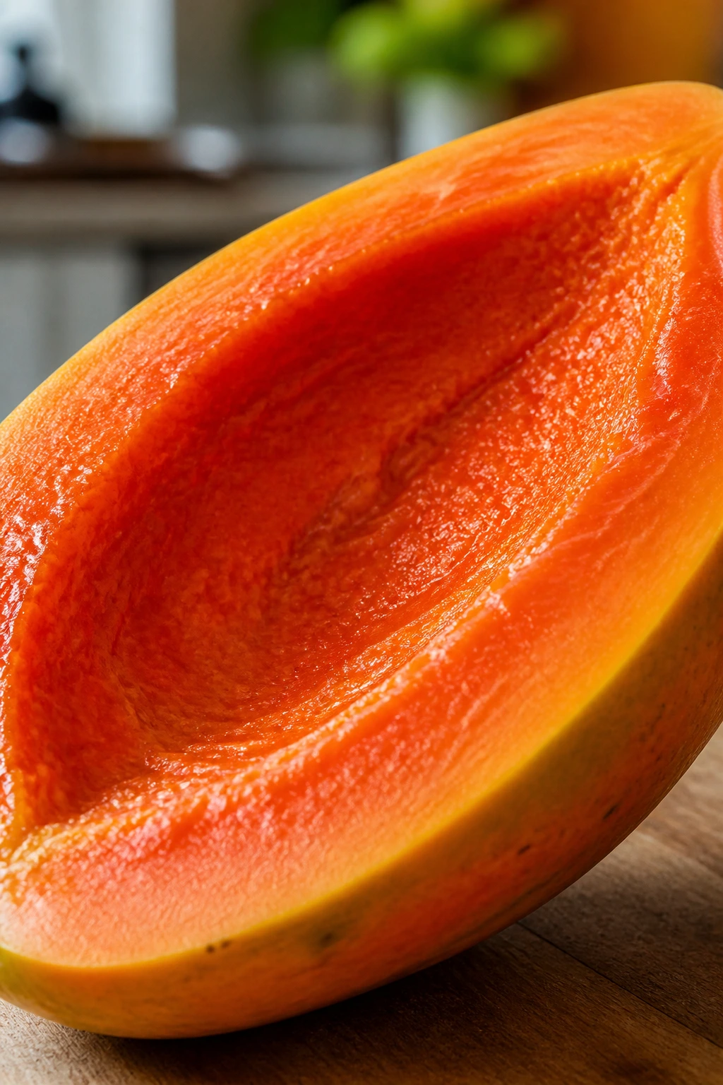 Half-cut papaya showing bright orange flesh filling the frame