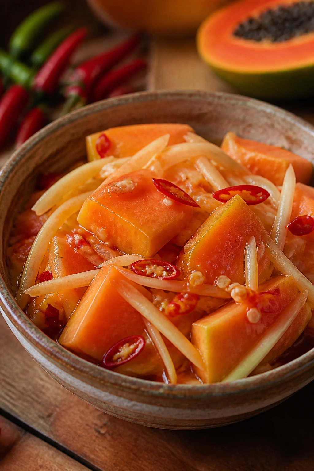 Papaya salad in rustic bowl, highlighting papaya chunks