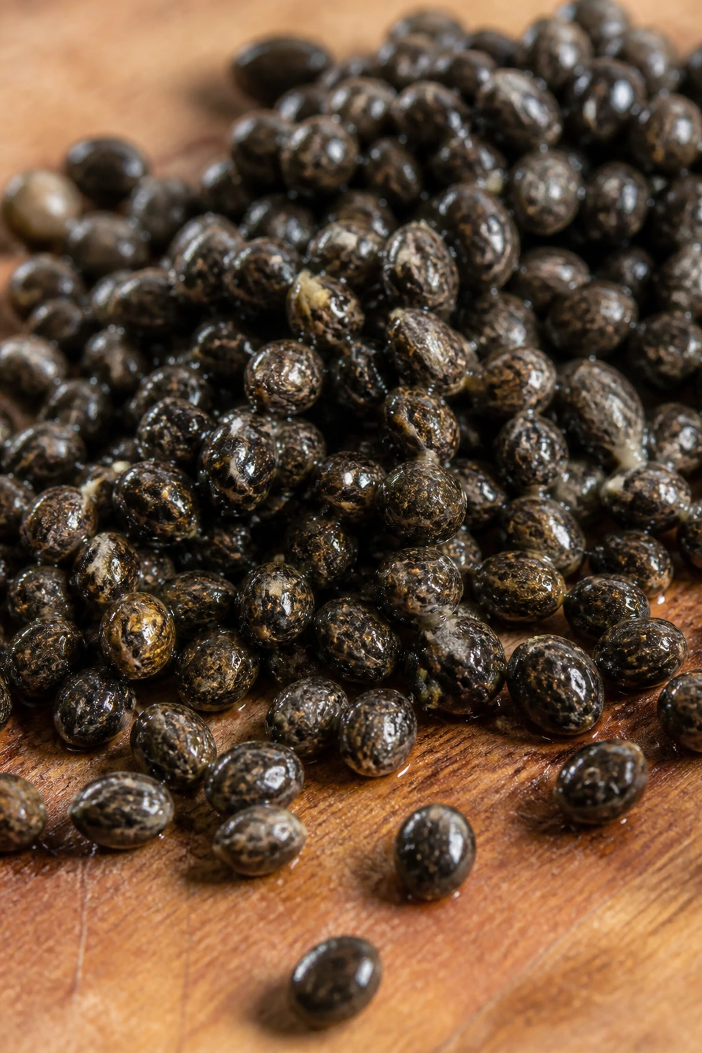The 10 Surprising Health Benefits Of Pawpaw Seeds 1 Close-up of glossy black papaya seeds spread on a wooden cutting board