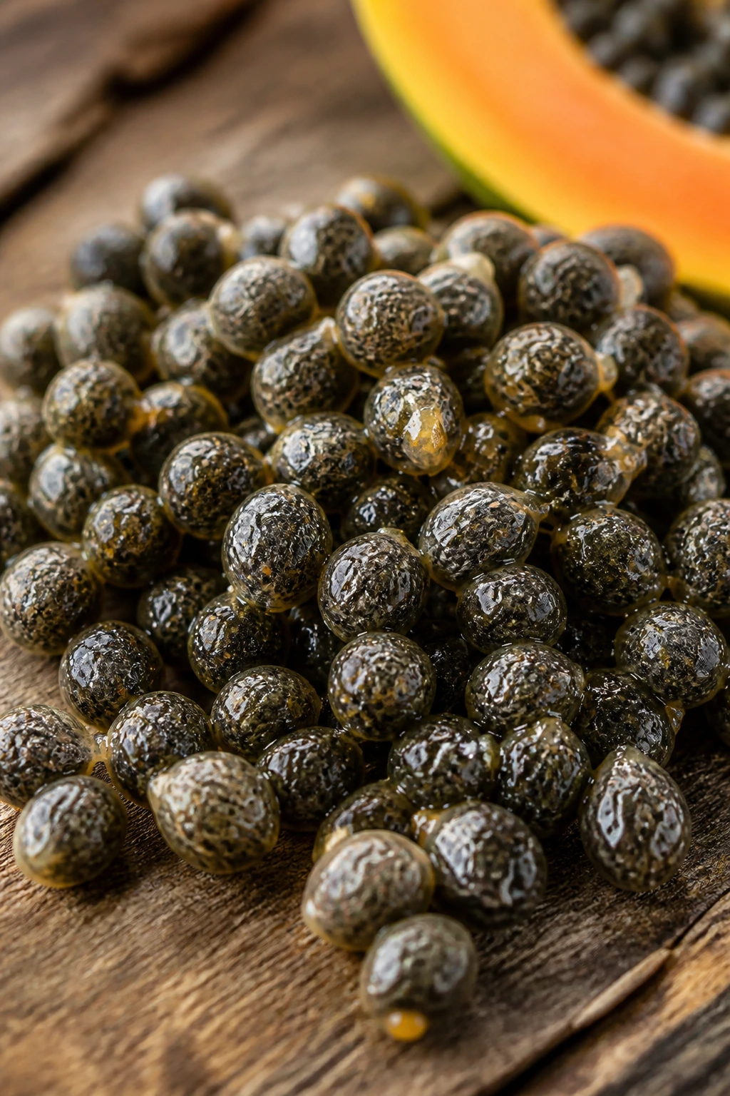 The 10 Surprising Health Benefits Of Pawpaw Seeds 2 Macro close-up of papaya seeds piled on a wooden table