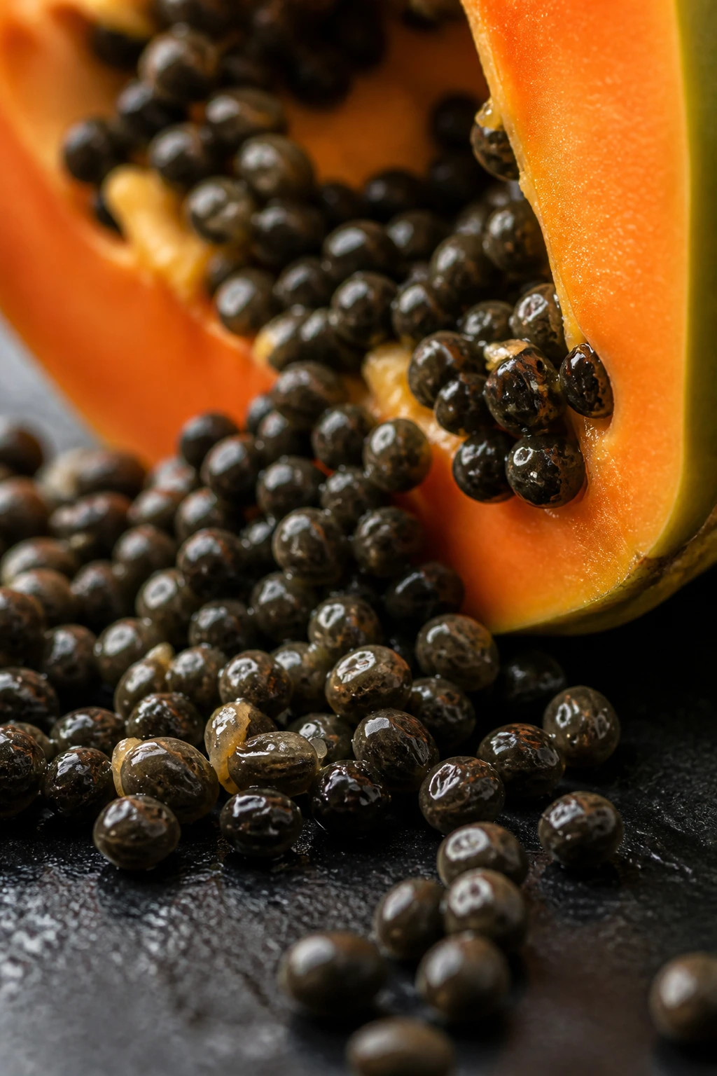 Close-up of papaya seeds on a dark surface
