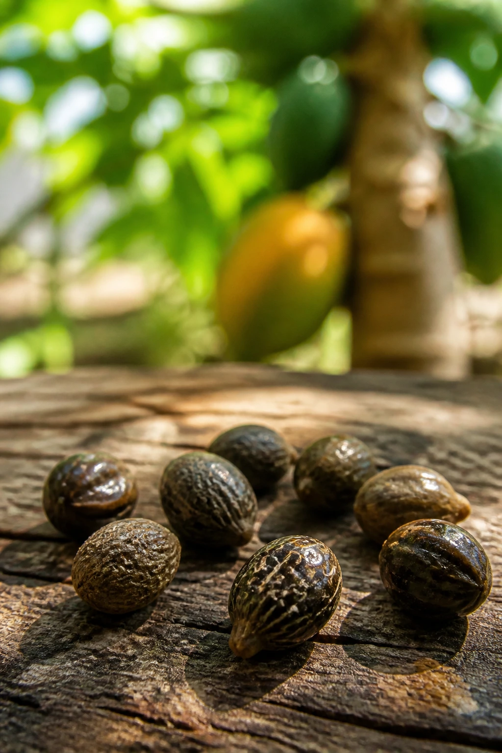Close-up of papaya seeds on wood in a garden, illustrating seed gender concept