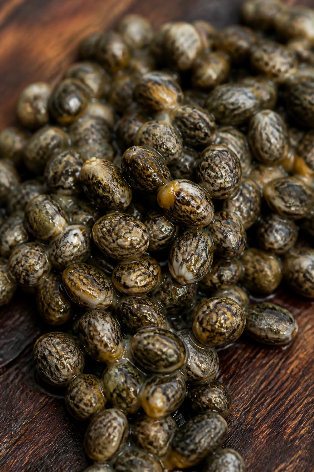 The 10 Surprising Health Benefits Of Pawpaw Seeds 3 Close-up of papaya seeds on a dark wooden surface with bright light