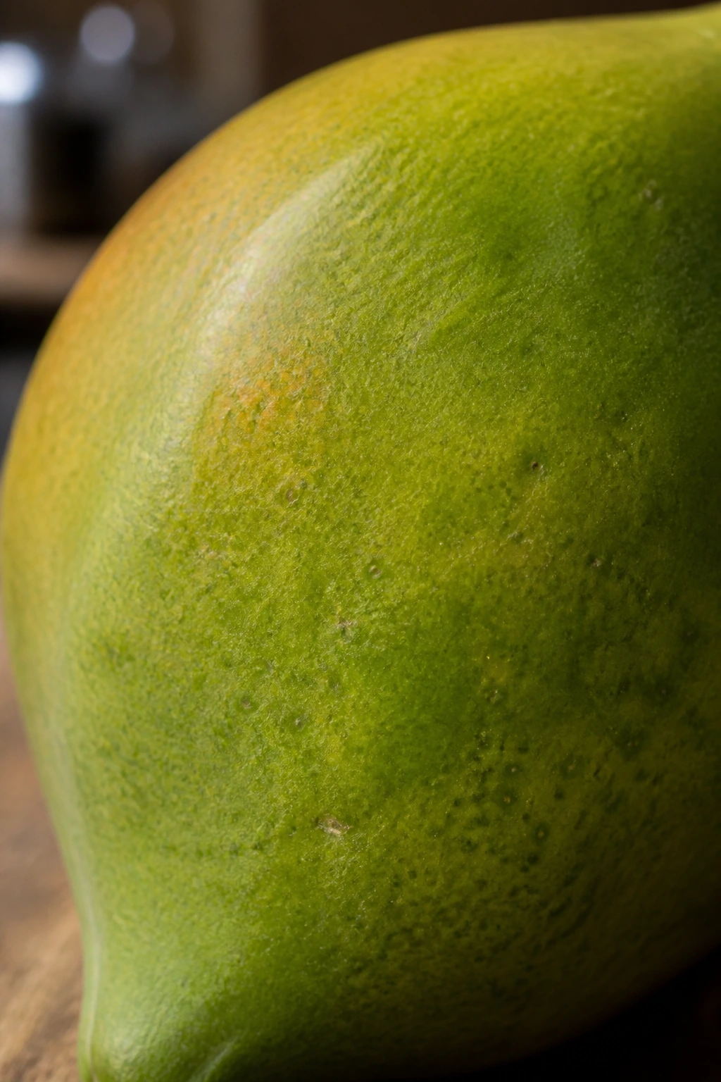 Macro shot of papaya skin texture with green-yellow rind filling the frame
