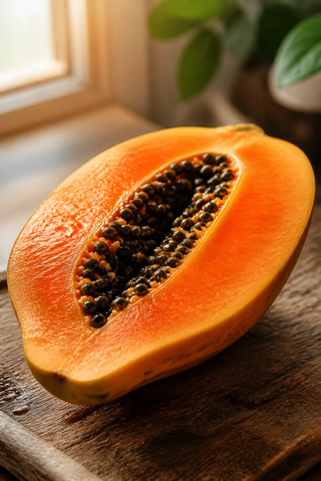 Papaya half glowing with orange flesh on a cutting board