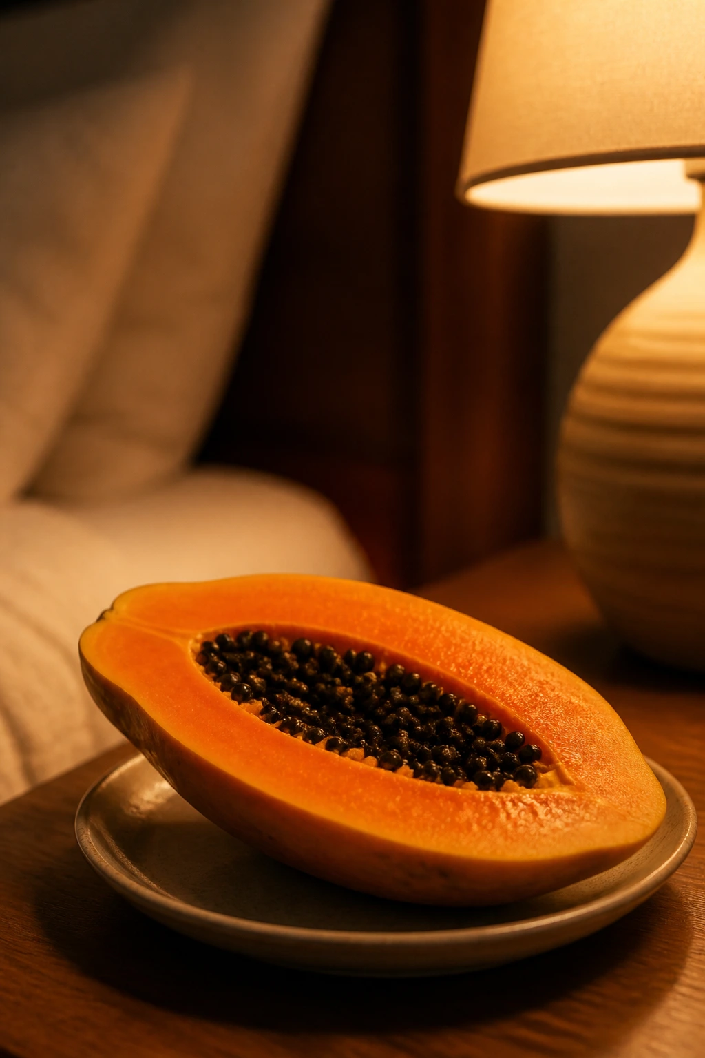 Ripe papaya half on plate in softly lit bedroom illustrating sleep support