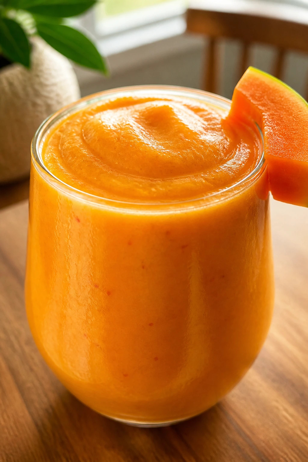 Close-up of Papaya Passion Smoothie in a glass on a sunlit breakfast table