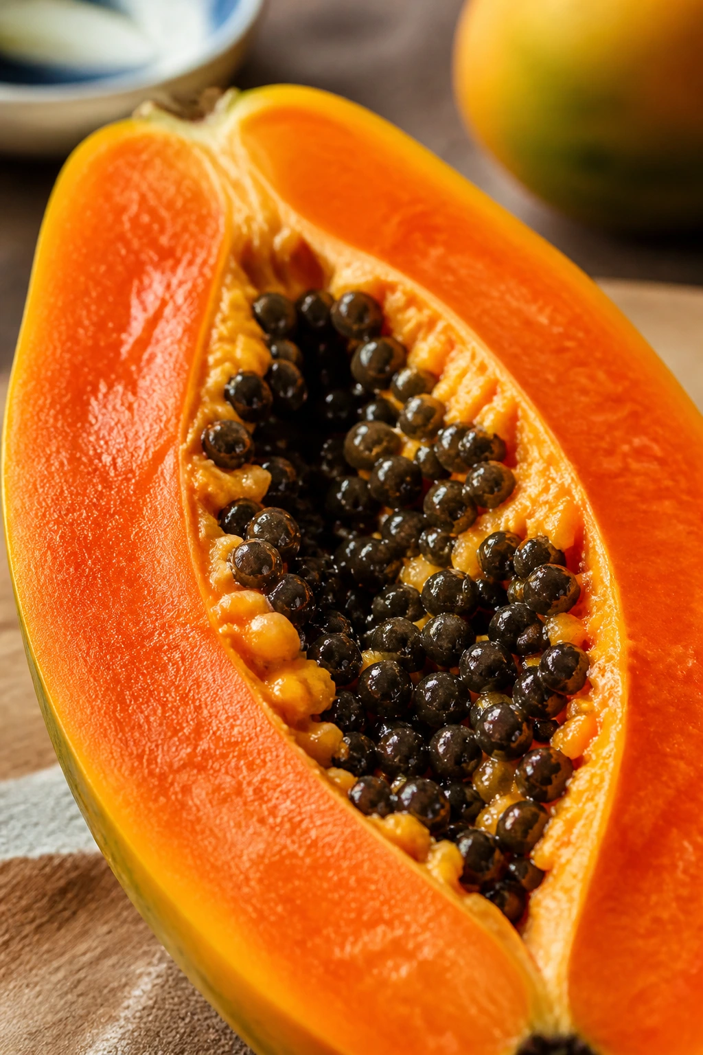 Cross-section of papaya showing orange flesh and seeds