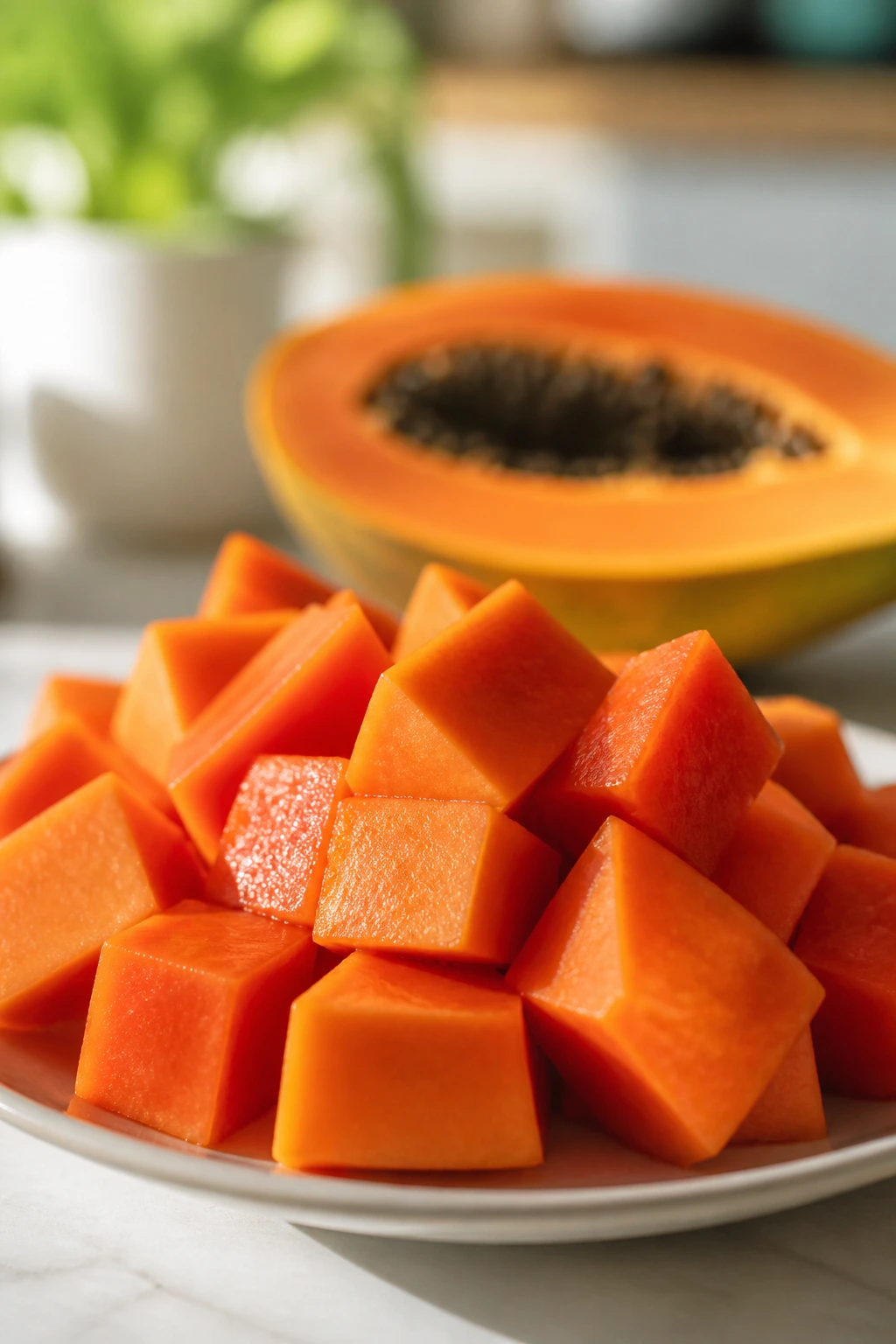 Vibrant papaya pieces on plate with bright natural light