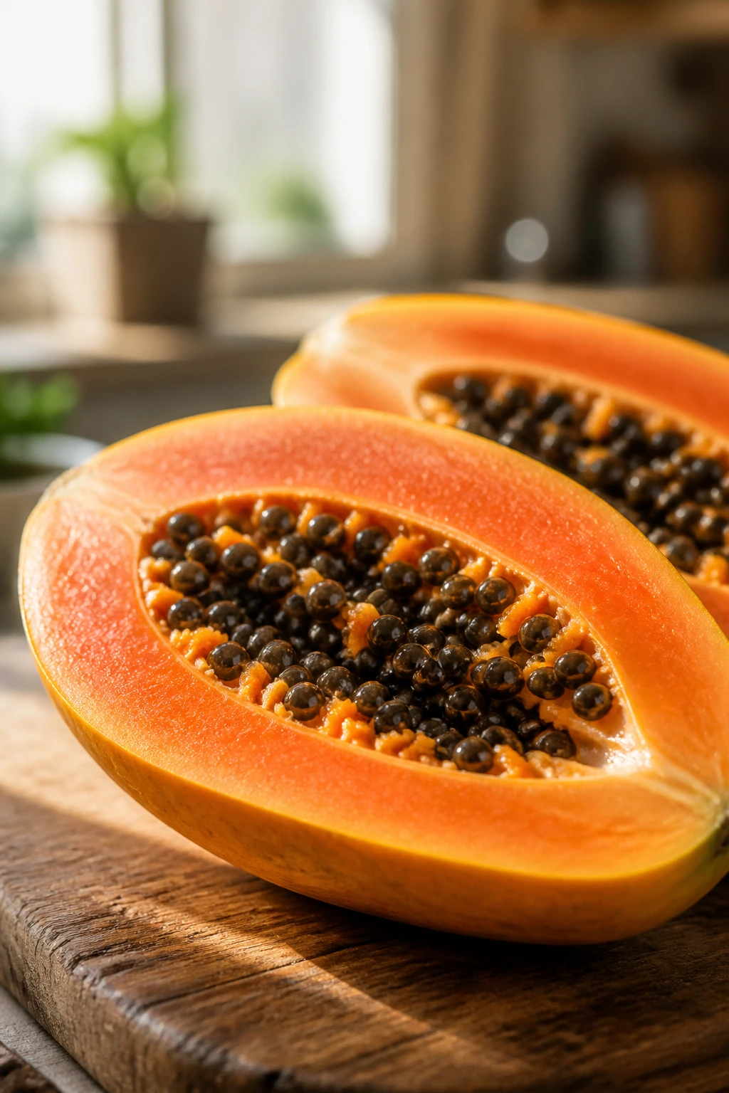 Close-up of halved papaya showing bright orange flesh and seeds on a wooden cutting board in a sunlit kitchen