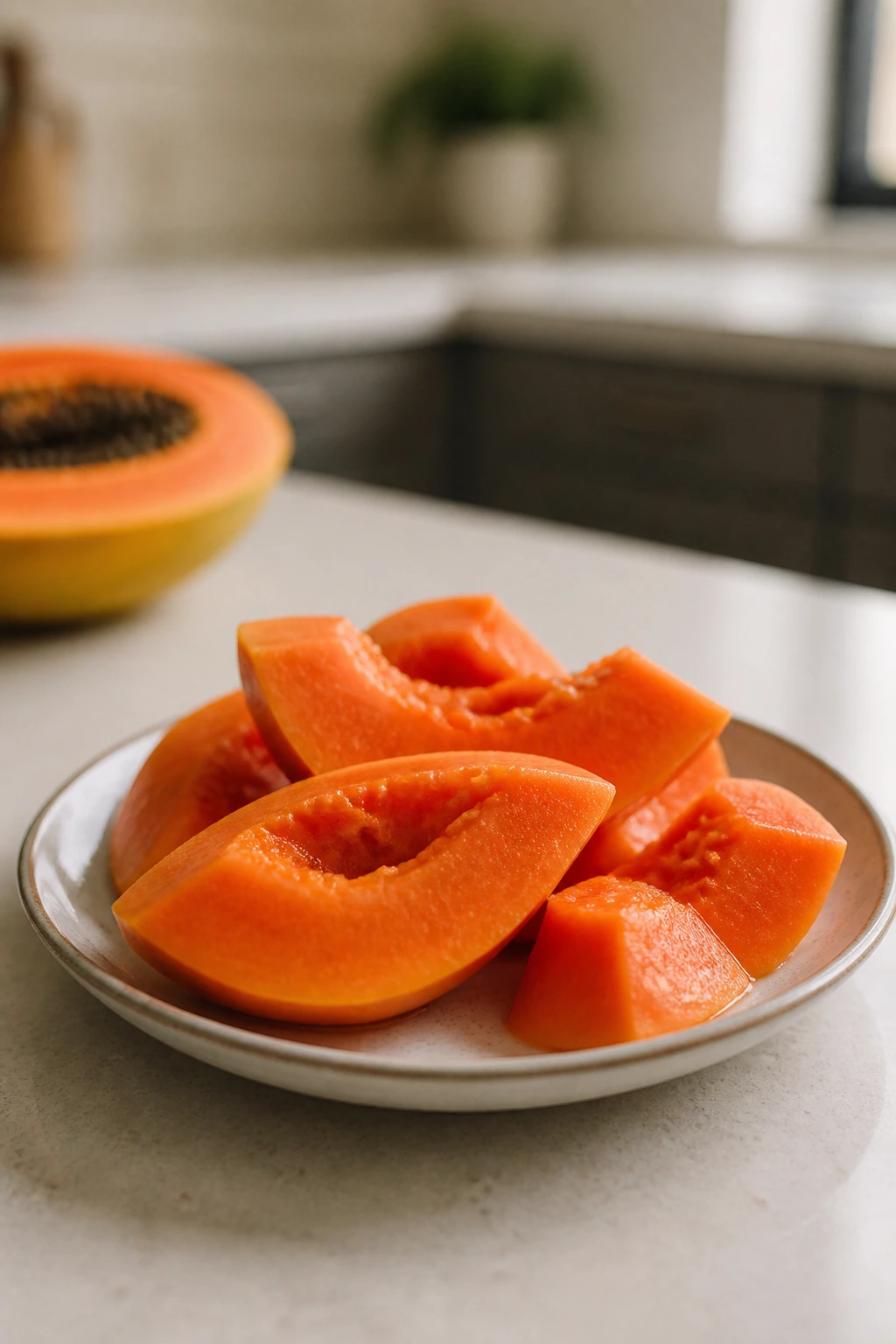 Neat plate of papaya slices showing a light, portion-controlled snack
