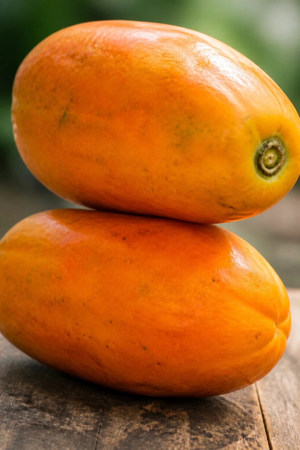 Is Papaya A Tropical Fruit? All You Need To Know 2 Two ripe papayas stacked on a wooden surface