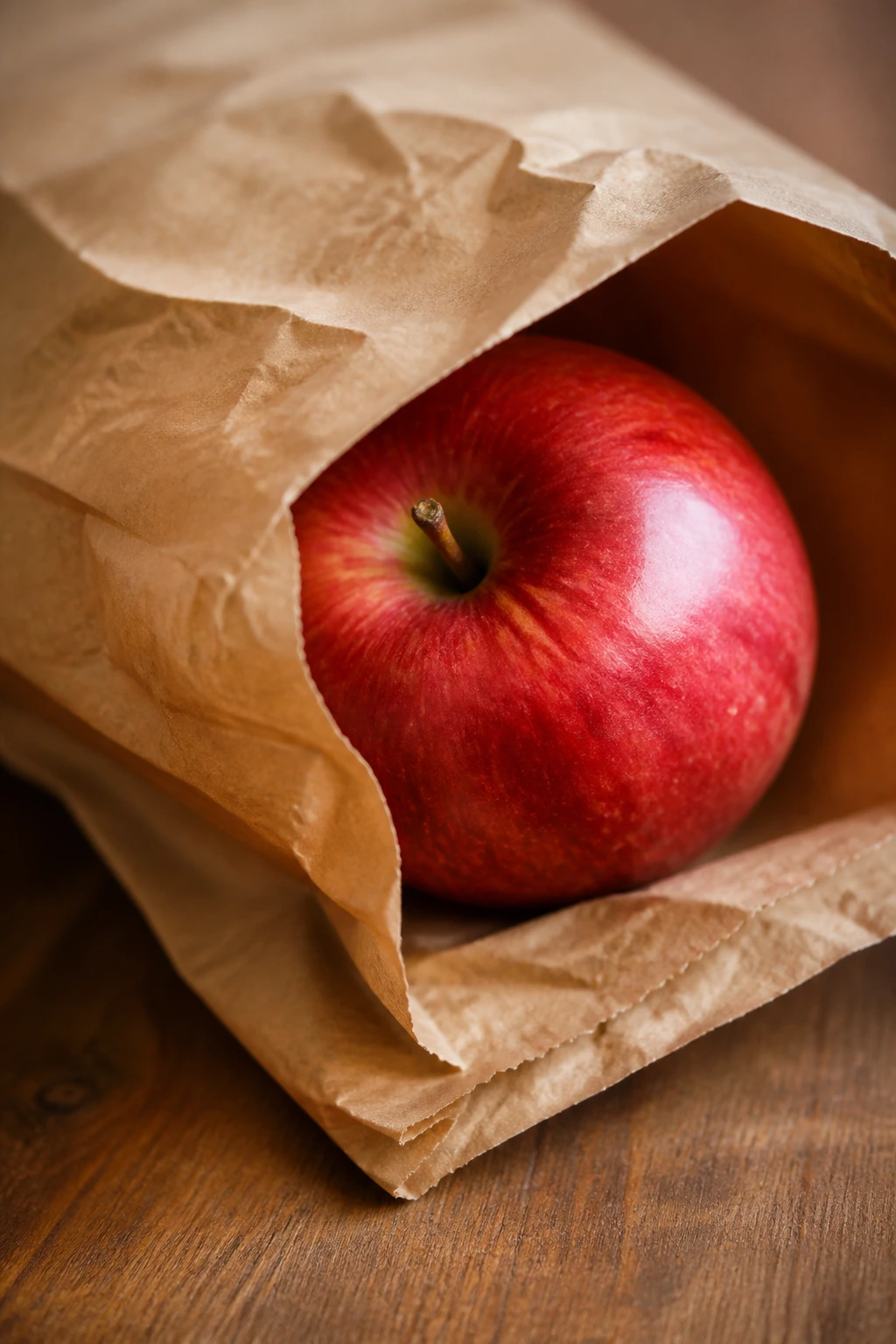 Brown paper bag with an apple inside illustrating the paper bag and apple method