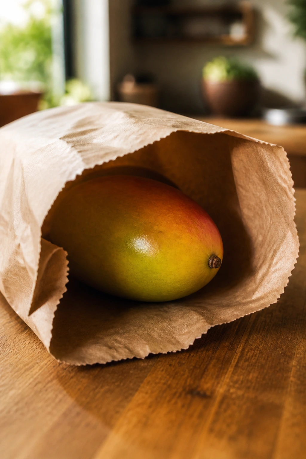 Close-up of a brown paper bag with a mango peeking out, illustrating the paper bag trick for ripening mangoes
