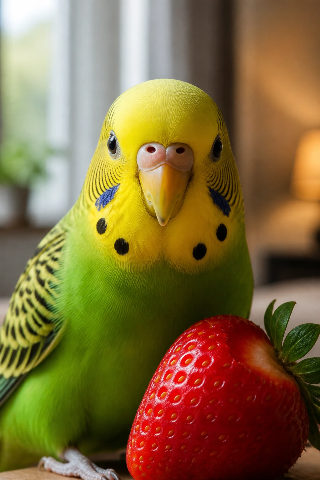 Close-up of a parakeet's head and chest in natural window light