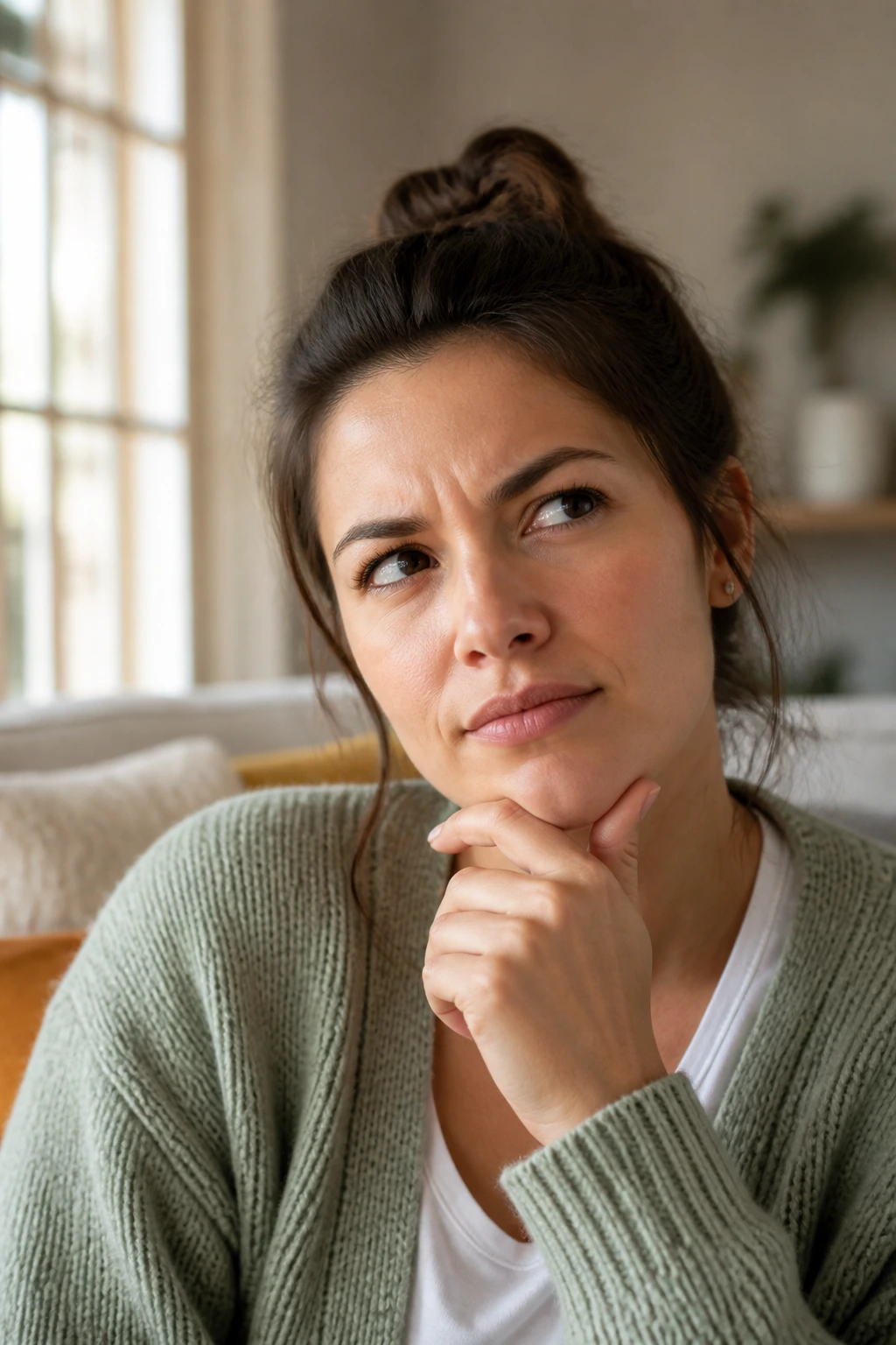 Close-up portrait of a real person with a thoughtful expression, representing questions about parakeets and strawberries