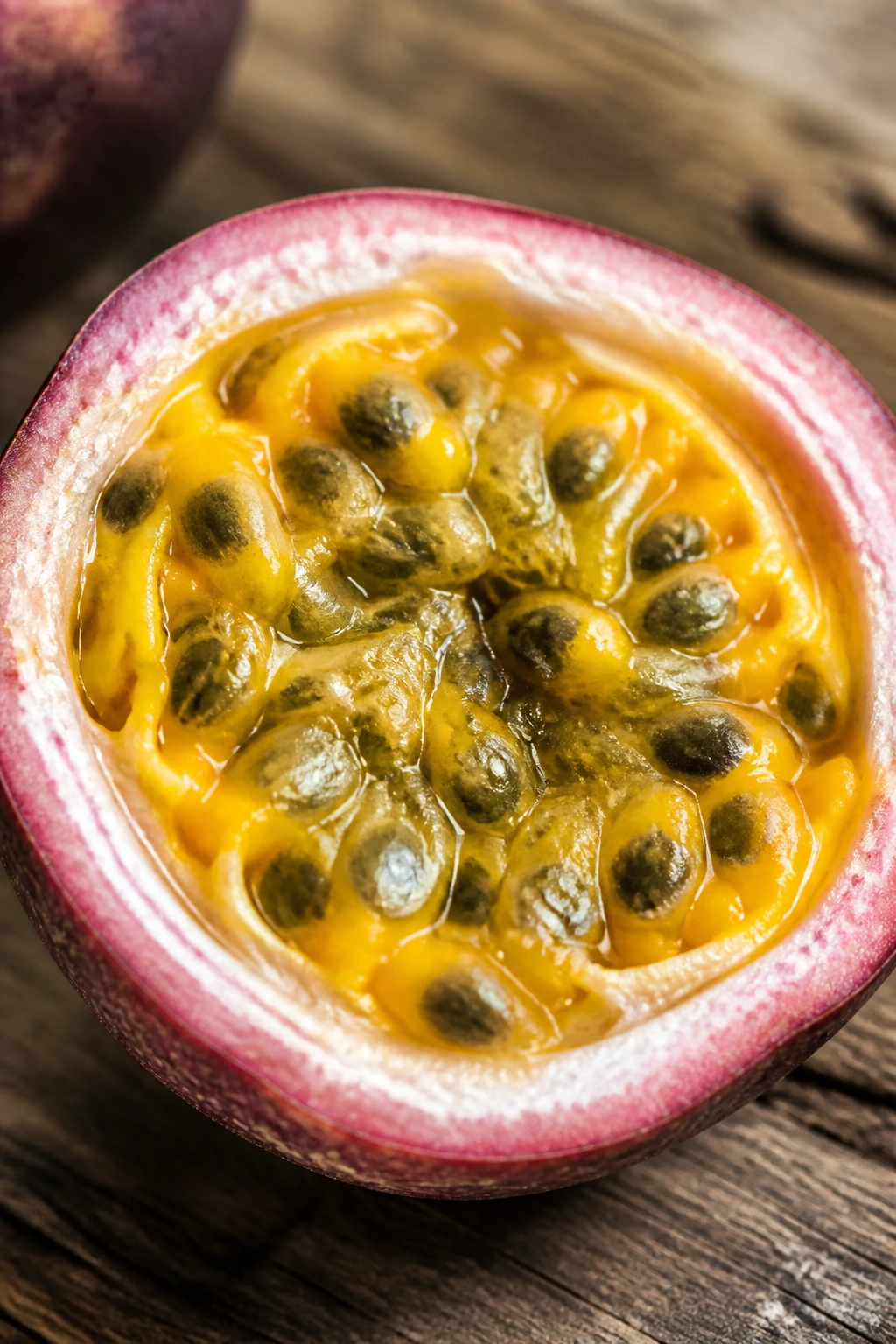 Close-up of a halved passion fruit revealing vibrant pulp and seeds on a rustic wooden surface