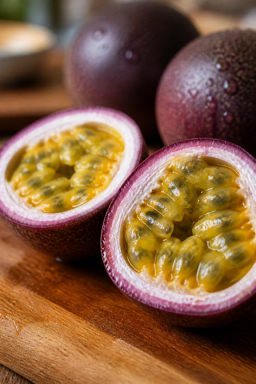 Taste Sensation: Is Passion Fruit Sweet Or Sour? 2 Close-up of passion fruit half revealing golden pulp in a kitchen setting