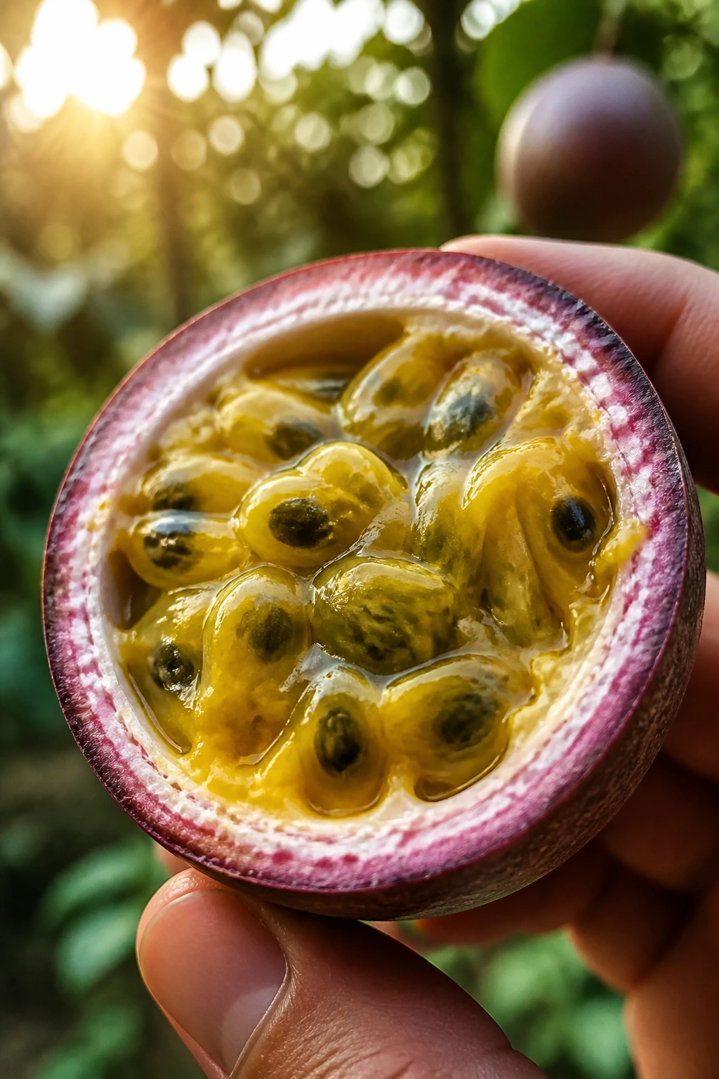 Cross-section of passion fruit showing yellow pulp and seeds