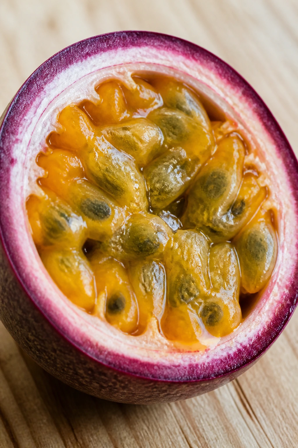 10 Amazing Fruits That Symbolize Love 6 Cross-section of passion fruit showing yellow pulp and seeds