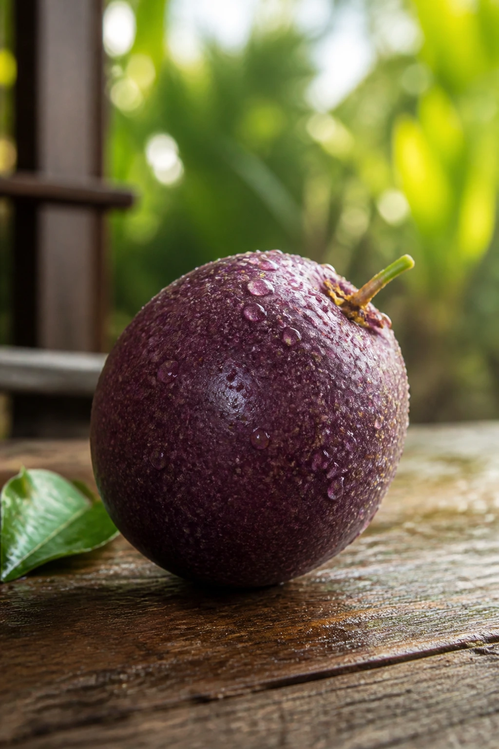 Dewy passion fruit on wood with green foliage in background