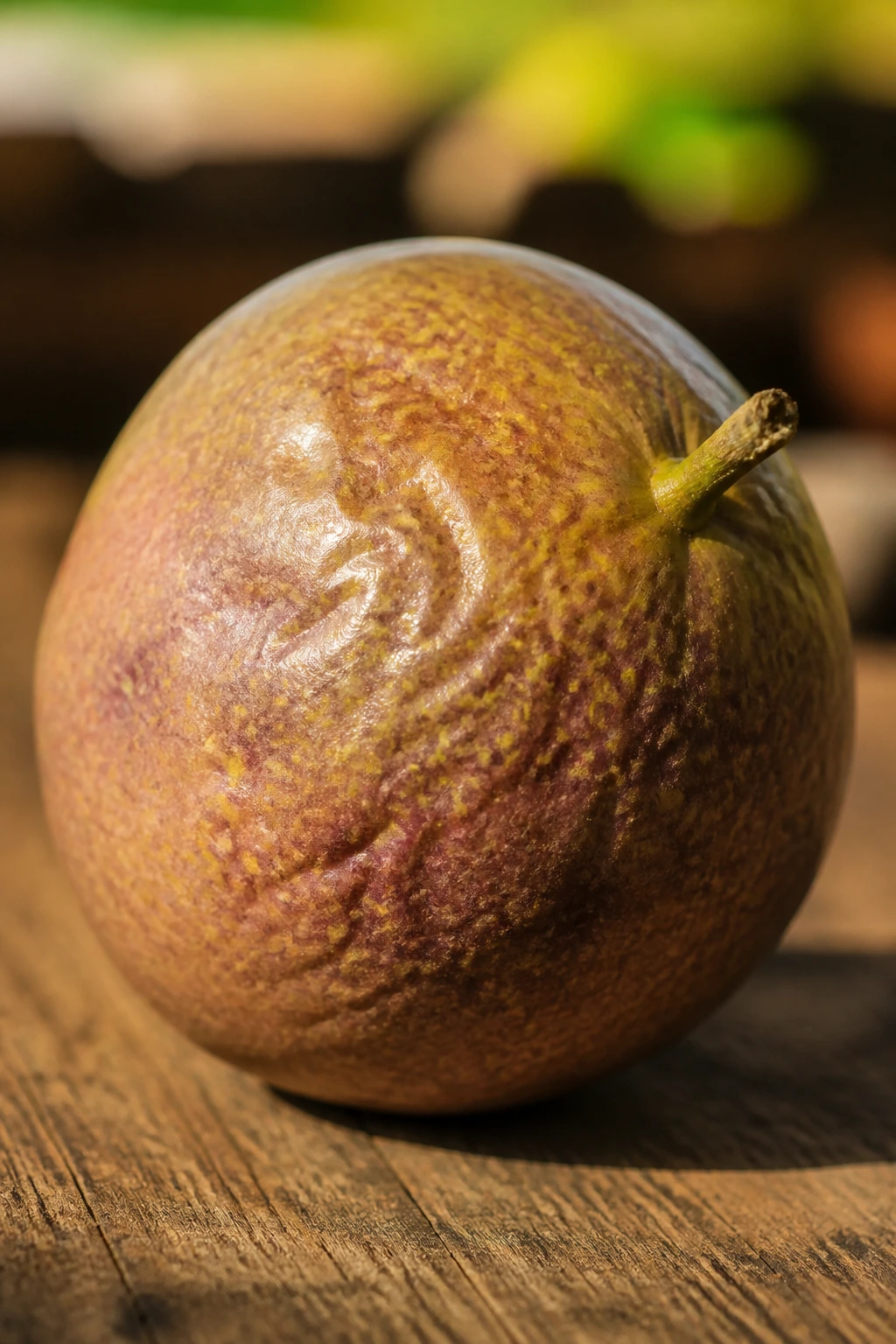 Single ripe passion fruit on a wooden surface with a blurred tropical background.