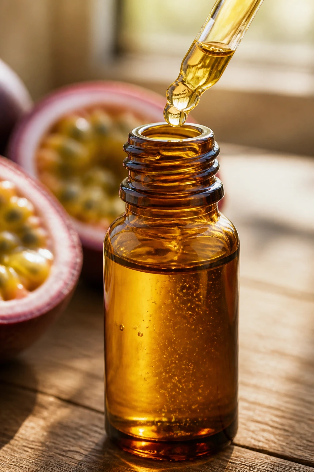 Close-up of passion fruit extract dropper bottle on wooden table with natural daylight